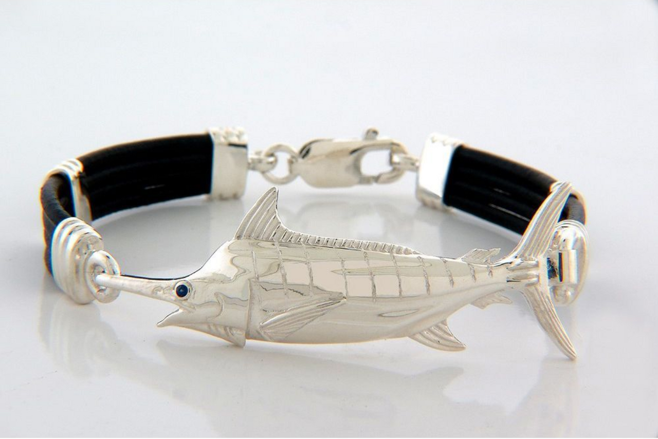 Silver Marlin Black Leather Bracelet