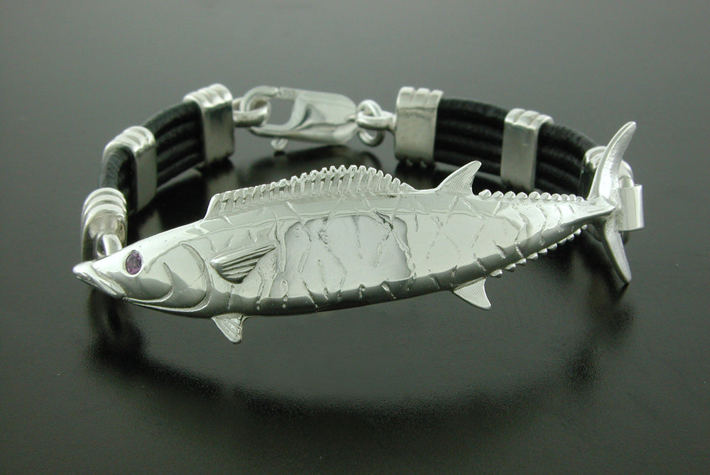 Sterling Silver Wahoo Black Leather Bracelet