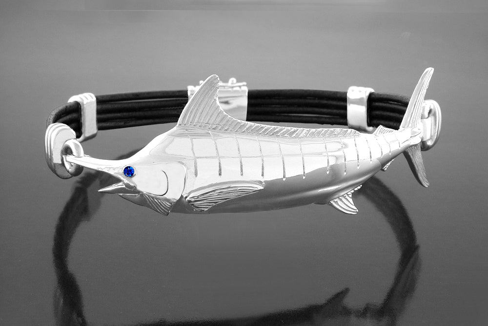 Silver Marlin Black Leather Bracelet