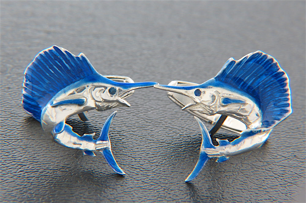 Sterling Silver Sailfish Cuff Links with Blue Enamel
