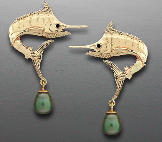 Marlin post earrings with 5.0mm black pearls