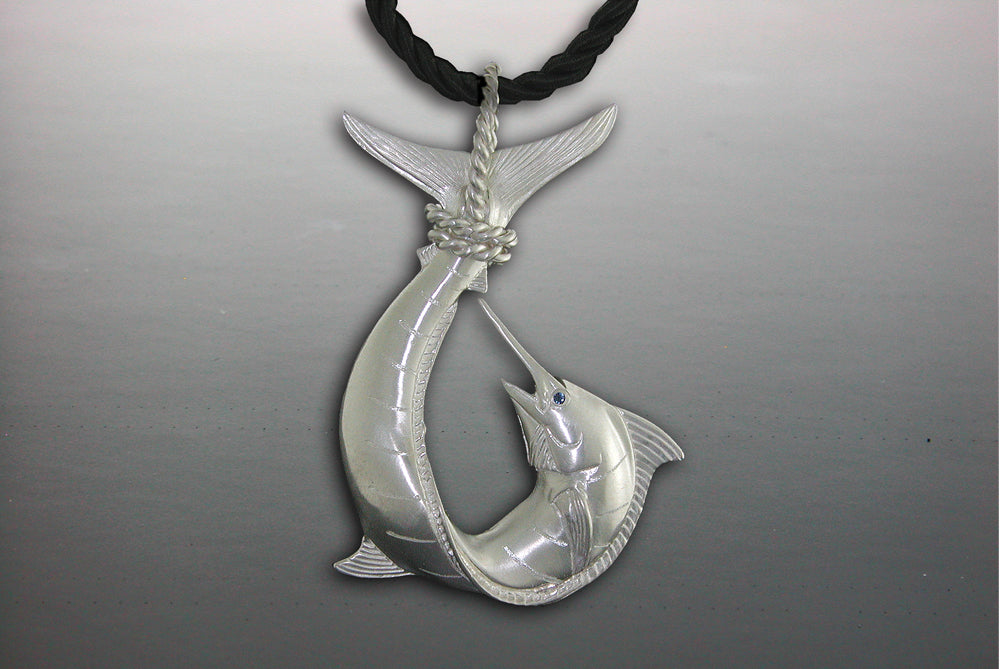 Silver full Marlin Polynesian Hook Tail Wrap Pendant
